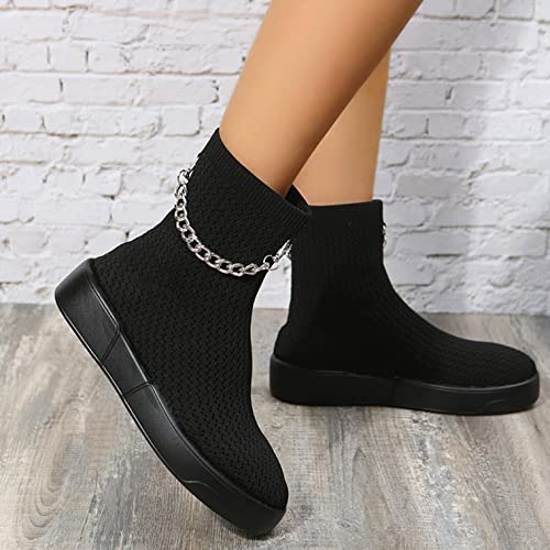 Platform Fashion Sneakers Ankle Boots For Women Casual Metal Chain Design Knitted Socks Slip On High Top Flats Non Slip Ankle Booties Walking Shoes Mid Calf Short Boots For Riding Outdoor Sports | The Storepaperoomates Retail Market - Fast Affordable Shopping