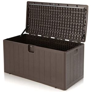 Giantex Outdoor Storage Deck Box Patio Bin – 105 Gallon Indoor/Outside Storage Box with Lockable Lid, Waterproof Pool Storage Chest for Gardening Tools, Supplies, Cushions Storage Container (105 Gallon, Brown)