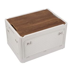 The foldable outdoor camping storage box has a large capacity of 48L, the foldable storage box equipped with a wooden cover and rollers can be used for indoor,car trunk and camping.