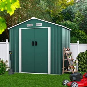 JAXPETY 4.2′ x 7′ Outdoor Storage Shed, Metal Shed Storage with Lockable/Sliding Doors, Steel Utility Tool Shed with Floor Frame for Garden Patio Backyard Lawn, Green