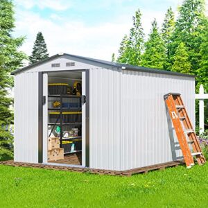 JAXPETY 8 x 8 FT Outdoor Storage Shed Metal Garden Sheds & Outdoor Storage with Sliding Doors for Backyard, Patio, Lawn White