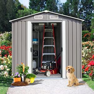 kinbor 6′ x 4′ Outdoor Storage Shed Garden Shed – Galvanized Metal Utility Tool Storage with Air Vents and Door for Backyard Lawn Patio, Grey