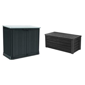 Keter Store-It-Out Prime 4.3 x 2.3 Foot Resin Outdoor Storage Shed Black & Westwood 150 Gallon Resin Large Deck Box-Organization and Storage for Patio Furniture Dark Grey