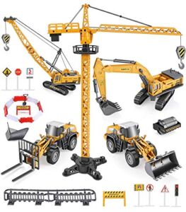Construction Truck Toys Set, Geyiie Alloy Construction Site Vehicles with Crane, Sandbox Truck Digger Excavator Forklift Tractor Bulldozer Loader Outdoor Toys for Age 3 4 5 6 Boys Toddler Kids
