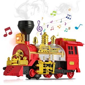 Classical Train Toy Electric Steam Locomotive Engine with Smoke, Automatic Bump & Go Trucks with Lights Sound, for Kids Age 3 and Up Boys Girls Children