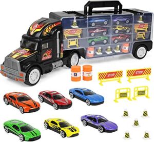 Click N’ Play Truck Transport Car Carrier Toy for Boys and Girls, 15 Piece Toy Hauler Truck with Toy Cars, Road Signs, & More, Includes 28 Car Slots – Great Gift For Toddlers & Kids Age 3+, Black