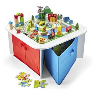 Imaginarium Wooden Ready to Play Table with Trainset, Building Blocks, Animal Figures, Chalkboard & Puzzles, for Ages 3-7, 100 Pieces, Multicolor