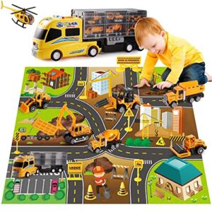 DOLIVE Construction Diecast Car Toys Kids Alloy Metal Vehicles Play Mat Set,Excavator Cement Dump Truck Tractor Helicopter,Carrier Truck with Sounds &Lights, Gift for 3 4 5 6 Years Old Boys Girls