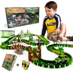 Dinosaur Glow in the Dark Race Train Track Toy for Boys & Girls Ages 3, 4, 5, 6, and 7, Let Your Kids’ Imagination Bring Dino’s Journey Adventure to Life (159 Pcs) DinoManiacs by JitteryGit
