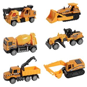 Construction Truck Toys, 6Pcs Mini Engineering Car Toys Die Cast Metal Small Construction Vehicle Bulldozer Roller Excavator Cement Mixer Truck Dump Tractor Cake Topper Party Favors Sand Beach Toy