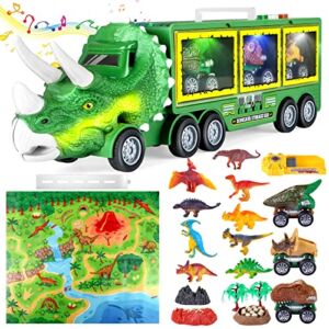 TEKFUN 21 Pack Dinosaur Toy Truck – Triceratops Dinosaur Carrier with Music & Light, Dino Transport Playset / Pull Back Cars Dinosaur Mat Monster Figures, Kids Toy Gift Party Favor for Boys and Girls