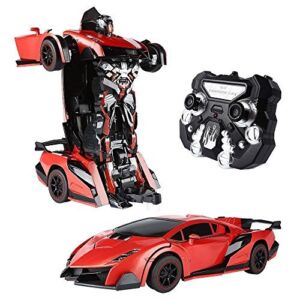 SainSmart Jr. 1:14 Big Remote Control Transform Robot Car, 2 in 1 RC Transforming Vehicles with One Button and Realistic Engine Sound, Electronic Toy Gift for 8 Plus Years Boys Kids, Red
