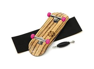 Teak Tuning Prolific Complete Fingerboard with Upgraded Components – Pro Board Shape and Size, Bearing Wheels, and Trucks – 32mm x 97mm Handmade Wooden Board – Pink Zebra Edition