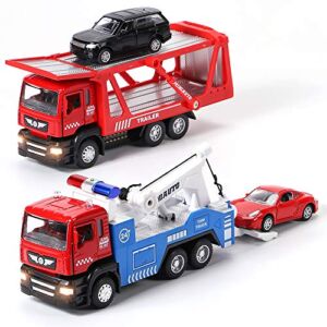 Winrayk 4Pcs Tow Truck Toys with Mini Toy Cars Set Pull Back Cars with Lights and Sound Trailer Transporter Vehicles Truck Toy, 1:50 Scale Metal Diecast Toy Trucks for Boys Girls 3 4 5 6 7 8 Years Old