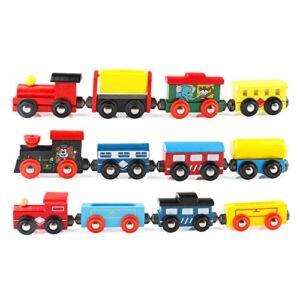 Wondertoys Wooden Train Cars 12 PCS Magnetic Train Sets Includes 3 Engines and Storage Bag – Wooden Train Set for Toddlers Compatible with Major Brands Train Set Tracks – Trains for Train Table