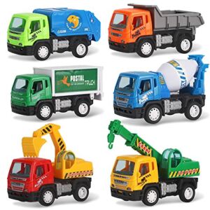 6 Pack Pullback City Builder Toy Construction Play Vehicles for Kids – Dump Truck, Cement Mixer, Garbage Truck, Excavator, Crane, Postal Truck