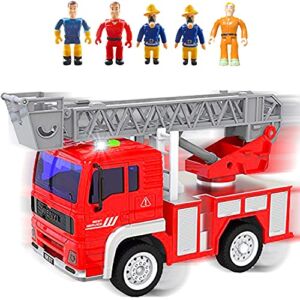Funerica Fire Truck Toy with Lights, Sounds, Sirens, Extendable Ladder, Powerful Friction Wheels, 5 Firemen, Firefighter Figures – Red Mini Firetruck Engine for Toddlers, Kids, Boys, Girls Ages 3-7