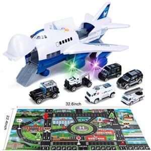 Car Toys Set with Transport Cargo Airplane and Large Play Mat, Mini Educational Vehicle Police Car Set for Kids Toddlers Boys Child Gift for 3 4 5 6 Years Old, 6 Cars, Large Plane, 11 Road Signs