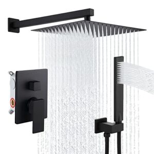 KES Shower System 12 Inch Rain Shower Head with Handheld Spray Shower Faucets Sets Complete Pressure Balance Shower Valve and Trim Kit Matte Black, XB6230S12-BK