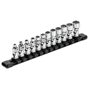 ARES 39009 – 12-Piece 1/4-Inch Drive Metric Flex Socket Set – 6 Point Sockets Constructed From Premium Heat Treated Chrome Vanadium Steel – Storage Rail Included