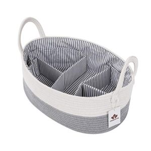 Baby Diaper Caddy Organizer Extra Large Nursery Storage Bin Woven Cotton Rope Baby Shower Basket 16.5″X11″X6.5″ with 8 Pockets 5 Compartments Removable Insert Portable Car Travel Tote Bag(White+Grey)