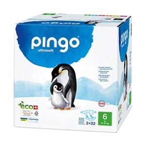 Pingo Organic Eco-Friendly Disposable Swiss Premium Diapers XL Size 6 Jumbo Bulk Box, 33 to 66 Pounds, 64 Diapers