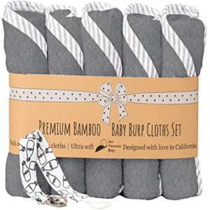 Burp Cloths Unisex 5 Pack Bamboo and Cotton w/ Pacifier Clip – Ultra Soft, Comfortable Fabric – Extra Absorbent Burping Bib for Spit-Ups and Spills – 19 x 9” Baby Burp Cloths Gray