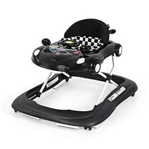 BABY JOY Baby Walker, Activity Walker with Adjustable Height & Lights, Music, Steering Wheel, Mirrors, Removable Tray to Food Tray, High Back Padded Seat, Compact Folding Design (Black)