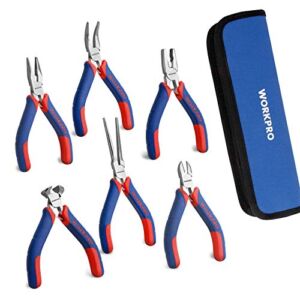 WORKPRO 6-piece Mini Pliers Set – Needle Nose, Diagonal, Long Nose, Bent Nose, End Cutting and Linesman, for Making Crafts, Repairing Electronic Devices, with Pouch
