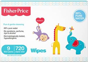 Fisher-Price Baby Wipes Unscented, Hypoallergenic, 99% Water Baby Diaper Wipes, Ideal for Newborn and Sensitive Skin, 9x Resealable Packs (720 Total Wipes)
