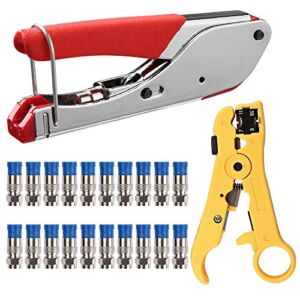 Hiija Coax Cable Crimper Kit Coaxial Cable Rg6 Compression Tool Kit with 20PCS F RG6 Connectors, Wire Coax Cable Stripper Tool