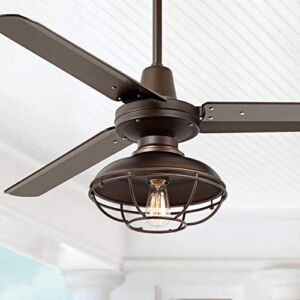 52″ Plaza Industrial Farmhouse Vintage 3 Blade Indoor Outdoor Ceiling Fan with Light LED Remote Control Bronze Cage Damp Rated for Patio Exterior House Porch Gazebo Barn – Casa Vieja