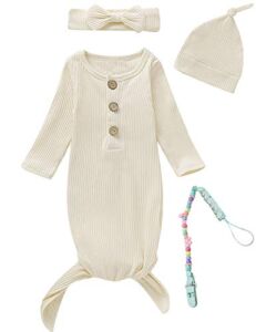 MoryGooder Newborn Cotton Nightgowns Neutral Baby Knotted Sleeper Baby Coming Home Outfit (White,0-6 Months)