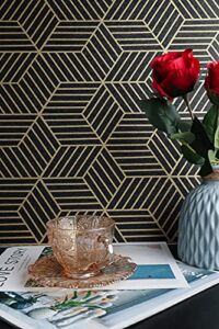 Gold and Black Geometry Stripped Hexagon Wallpaper Gold Stripes Wallpaper Peel and Stick Black Paper Removable Self Adhesive Vinyl Film Decoral Walls Covering Cabinets Shelf Drawer Roll 78.7”x15.7”