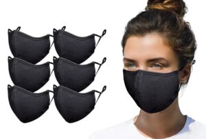 Simlu 6 Pack Premium Fabric Face Mask Reusable with Adjustable Elastic, 2 Layer,Cotton, Breathable, Nose Wire Black Cloth face Mask Washable Fits Men Women and Kids Made In USA