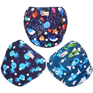 Pedobi Reusable Baby Swim Diapers, Adjustable Diaper Swim for Toddlers 9 Months – 3 Years Old, 3 Pack for Swimming Lessons (Sea World, Large)