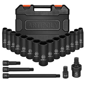 ARTIPOLY 1/2″ Drive Deep Impact Socket Set, 20PCS, 6 Point Metric Sizes (10-24mm) Socket Kit with 3″ 5″ 10″ Impact Extension Bar, 3/8″ to 1/2″ Adapter&1/2″ Universal Impact Joint,CR-V Steel