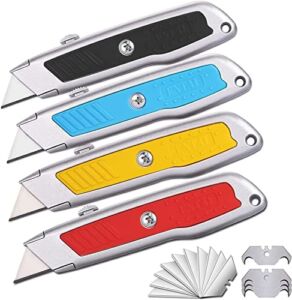 ENTAI Box Cutter, 4-Pack Retractable Utility Knife for Cardboard, Boxes and Cartons, Solid Aluminum Shell with Non-slip Rubbery Handle, with Extra 14pc SK5 Blades