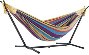 Vivere Double Cotton Hammock with Space Saving Steel Stand, Tropical (450 lb Capacity – Premium Carry Bag Included)