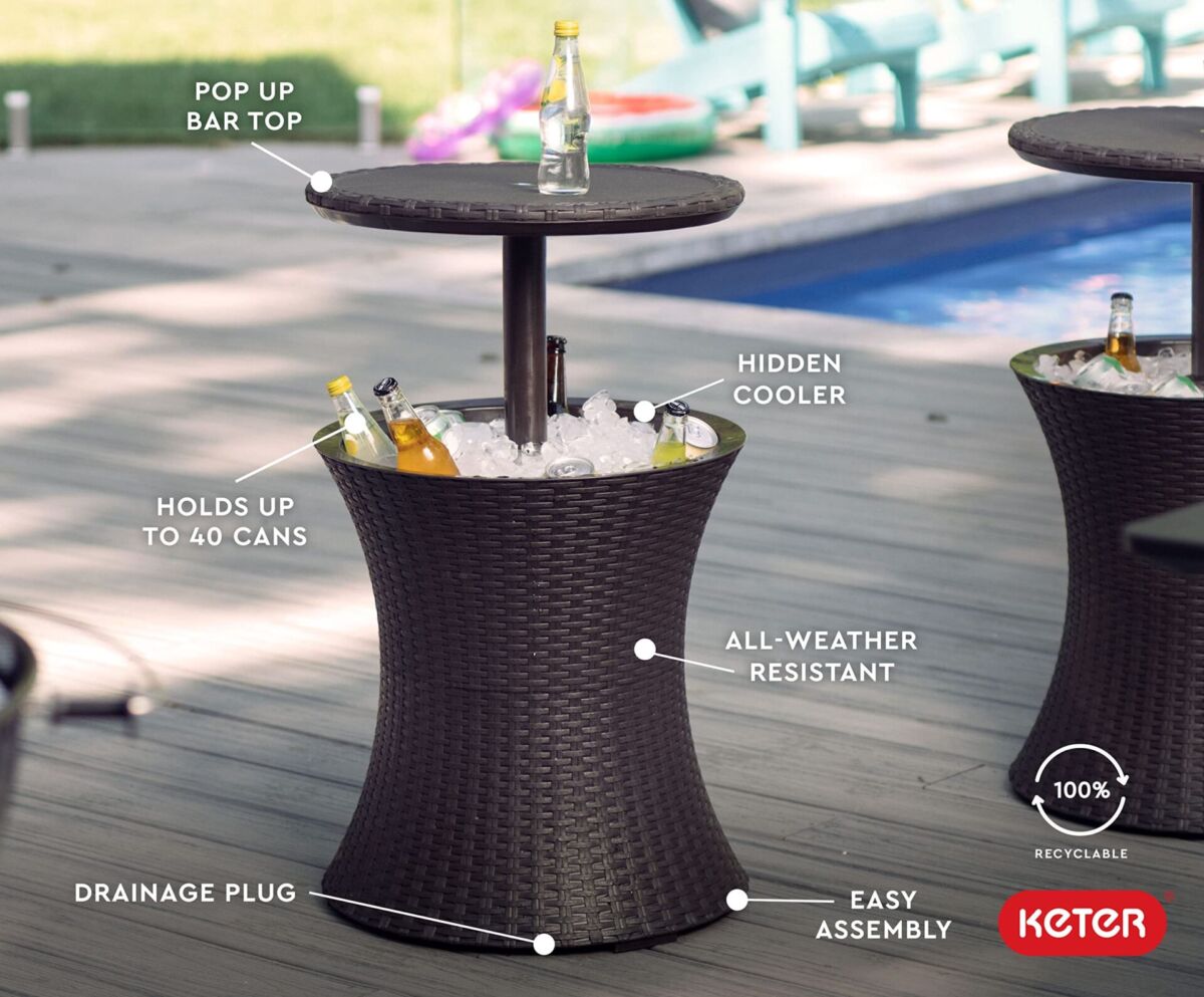 Keter Outdoor Patio Furniture and Hot Tub Side Table with 7.5 Gallon Beer and Wine Cooler, Brown | The Storepaperoomates Retail Market - Fast Affordable Shopping