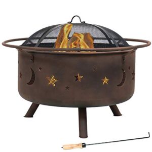 Sunnydaze Cosmic Outdoor Fire Pit – 30 Inch Round Bonfire Wood Burning Patio & Backyard Firepit for Outside with Cooking BBQ Grill Grate, Spark Screen, and Fireplace Poker, Celestial Design