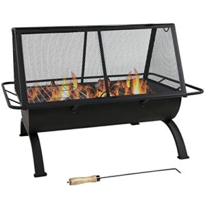 Sunnydaze Northland Outdoor Rectangular Fire Pit with Grill – 36-Inch Large Wood-Burning Patio & Backyard Fire Pit for Outside with Cooking BBQ Grill Grate, Spark Screen, Poker and Cover