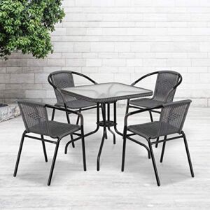 Flash Furniture 28” Square Glass Metal Table with Gray Rattan Edging and 4 Gray Rattan Stack Chairs