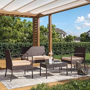 BELLEZE Patio Furniture Set 4 Pieces Outdoor Furniture Rattan Chairs and Table Wicker Sofa Garden Conversation Bistro Sets with Cushions for Porch Yard Pool or Backyard, Brown