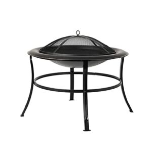 Fire Sense 62237 Fire Pit Tokia Steel Wood Burning Lightweight Portable Outdoor Firepit Rounded Lip & Curved Legs Included Wood Grate & Screen Lift Tool – 30″ Round – Black