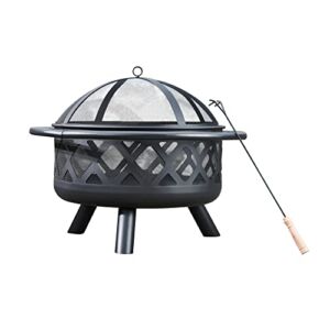 Teamson Home Steel Wood Burning Fire Pit with Spark Screen and Fireplace Poker for Outdoor Patio Garden Backyard Decking, 30 Inch Length, Black