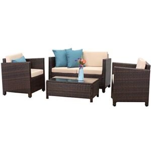 Wisteria Lane Patio Furniture Set, 4 Piece Outdoor Conversation Sets, Wicker Sofa Set with Cushion for Garden Deck Porch (Brown)
