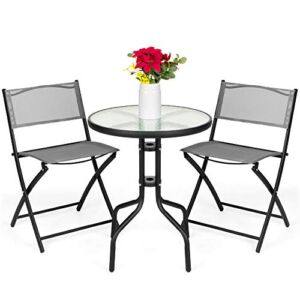 Best Choice Products 3-Piece Patio Bistro Dining Furniture Set w/Textured Glass Tabletop, 2 Folding Chairs, Steel Frame, Polyester Fabric – Gray