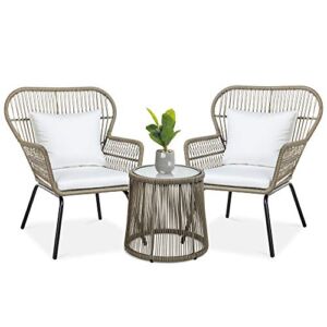 Best Choice Products 3-Piece Patio Conversation Bistro Set, Outdoor All-Weather Wicker Furniture for Porch, Backyard w/ 2 Wide Ergonomic Chairs, Cushions, Glass Top Side Table – Tan