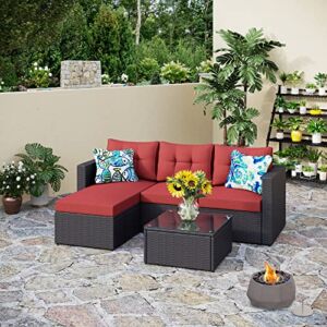 PHI VILLA 77″ Wide Outdoor Rattan Sectional Sofa with Cushions – Small Patio Wicker Furniture Set (3 – Person Seating Group, Red) Tabletop Fire Pit Included